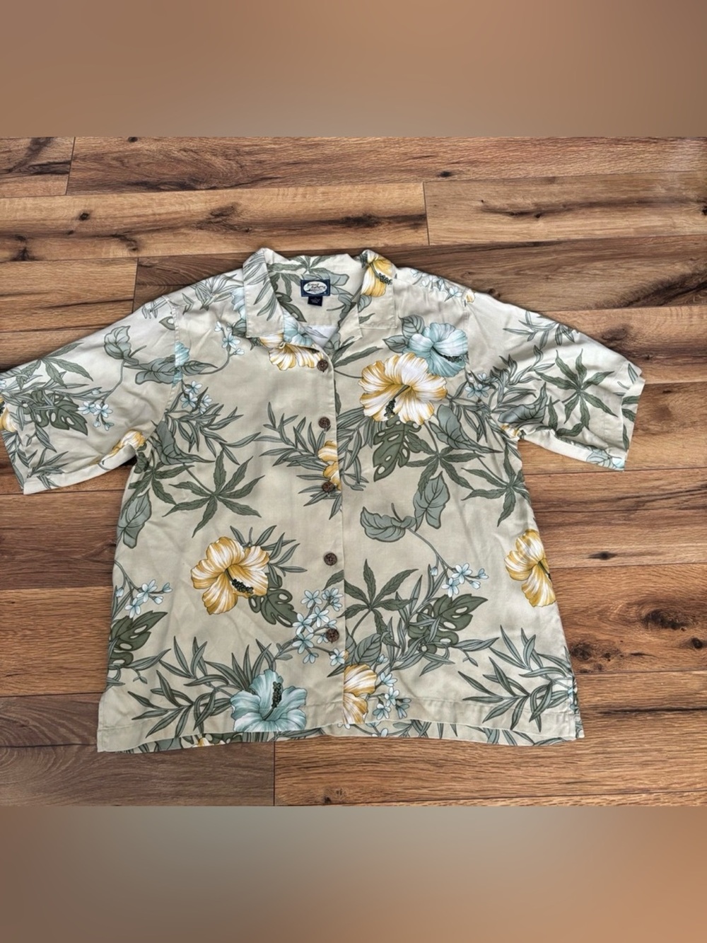 Tommy Bahama Vintage 100% Silk Shirt Men’s M Tropical Floral Camp Beige Palms